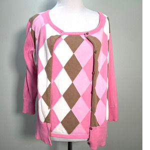Vintage Twin Set Medium Pink Brown Argyle Tank Top Cardigan JG Hook Classic 90s